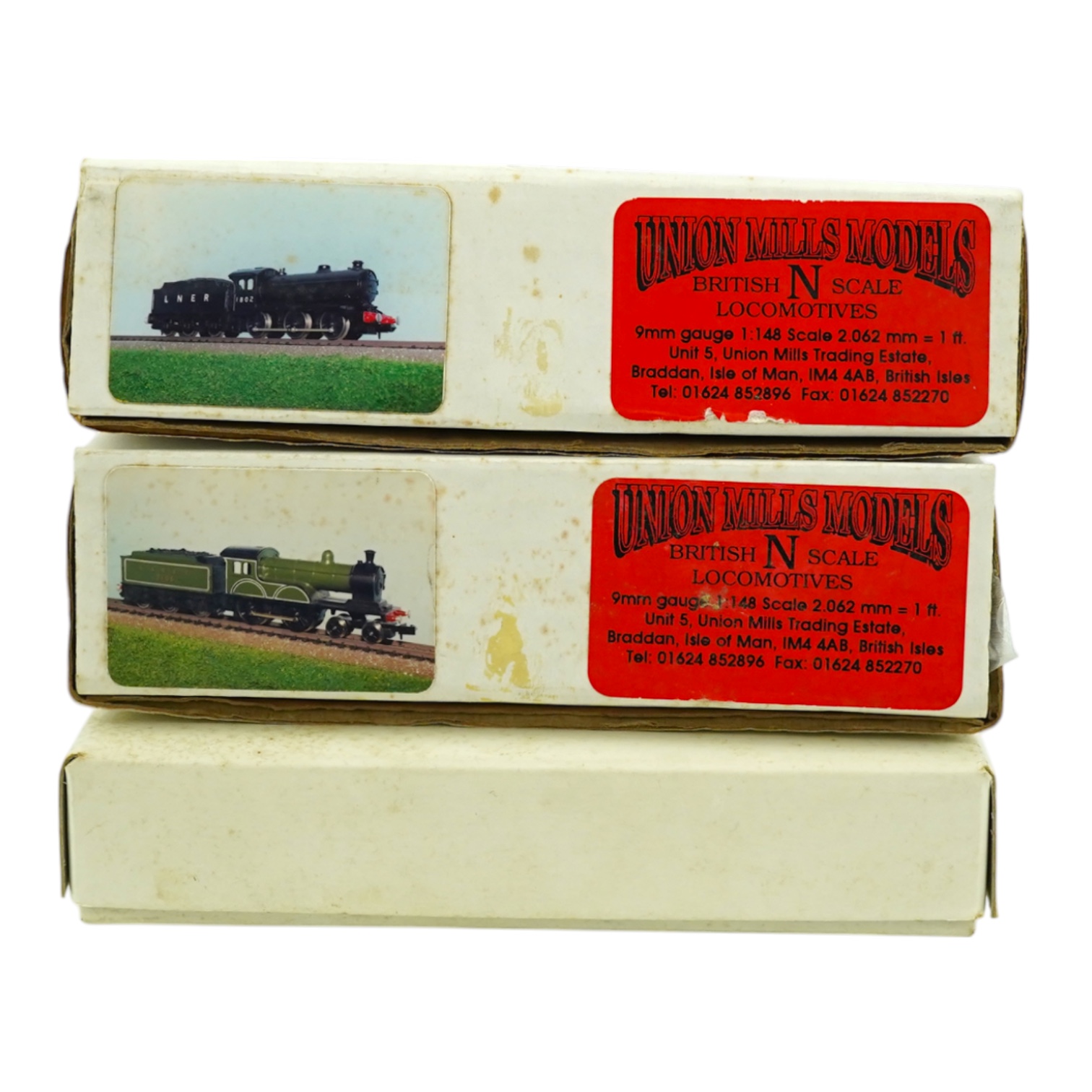 Three boxed Union Mills Models N gauge railway LNER locomotives; a Class D20, 2106, a Class D20, 2106, and a Class J39, 1802. Condition - good.